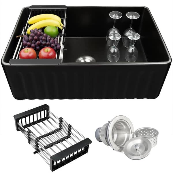 Black Fireclay 33 in. Single Bowl Apron-Front Kitchen Sink with Basket Strainer