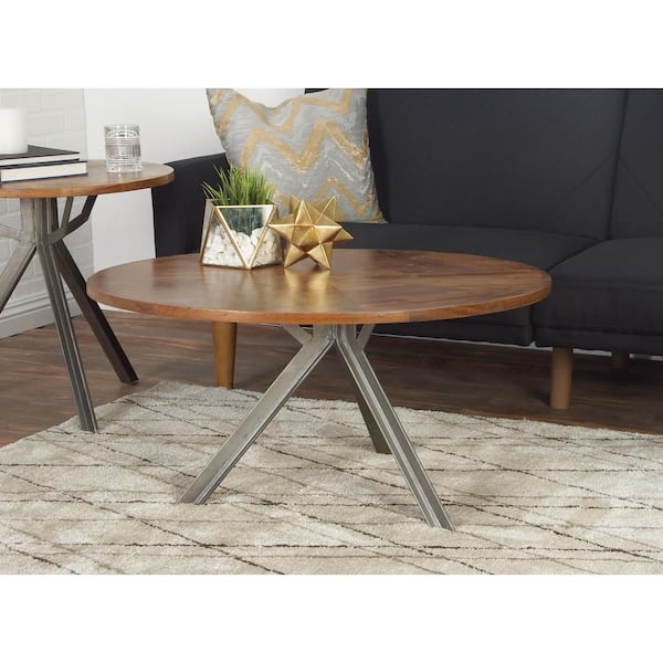 Litton Lane 36 in. Brown Round Wood Industrial Coffee Table