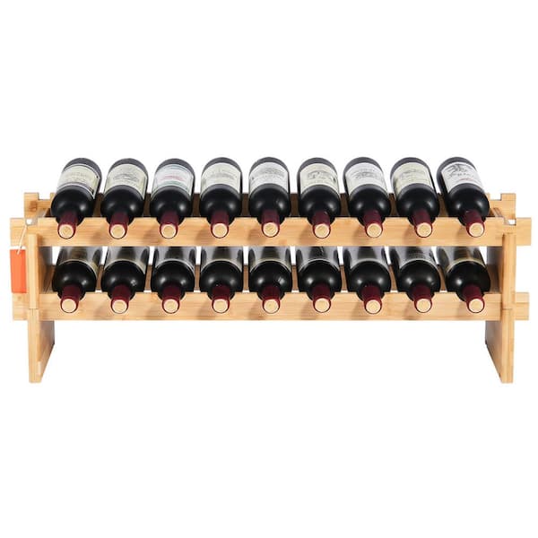 18-Bottle Stackable Wine Rack, 2-Tier Bamboo Wood Storage Shelf, Wobble-Free Floor Stand for Kitchen, Natural Finish