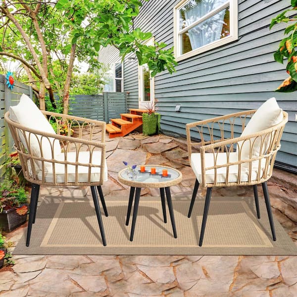 19.7 in. Black Wicker Patio Conversation Set 2 Oval Chairs, Glass Side Picnic Table w/ Beige (3-Piece)