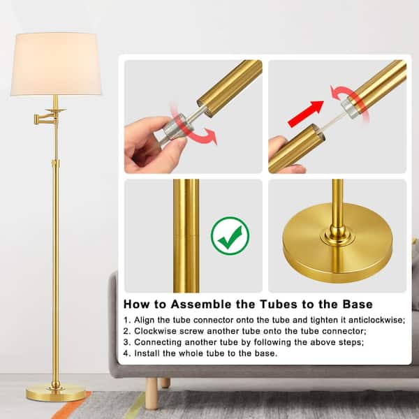 KAWOTI 64.5 in. Antique Brass Height Adjustable Swing Arm Floor