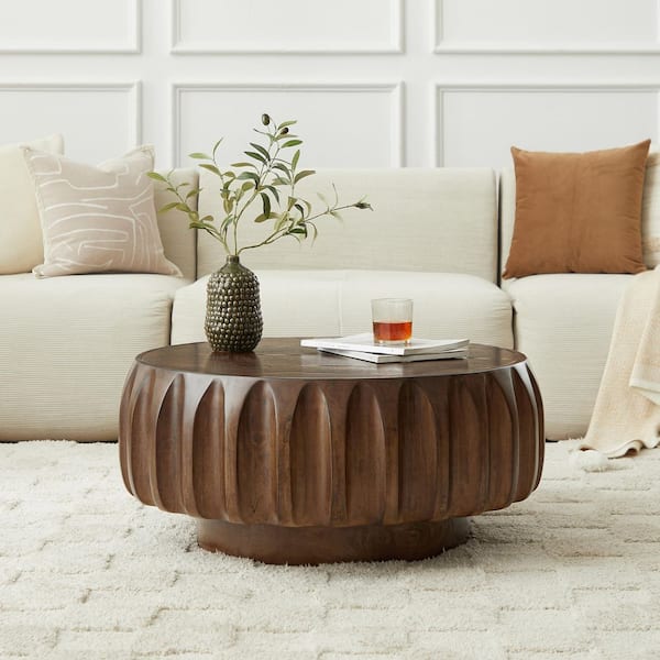 Mirello 31.5 in. Walnut Finish Round Carved MDF Wood Coffee Table with Elegant Sculptural Design