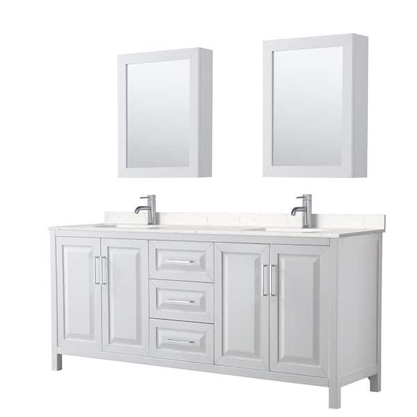 Wyndham Collection Daria 80"W x 22"D Double Vanity in White w/ Cultured Marble Vanity Top in LightVein Carrara w/ Basins & Med Cabs