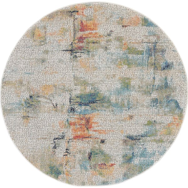 Global Vintage Ivory/Multicolor 6 ft. x 6 ft. Oriental Contemporary Round Area Rug