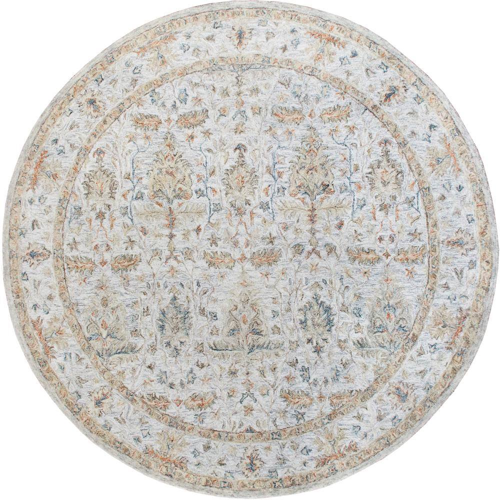 Valerie Silver/Brown 8 ft. 6 in. Round Floral Bordered Wool Indoor Area Rug