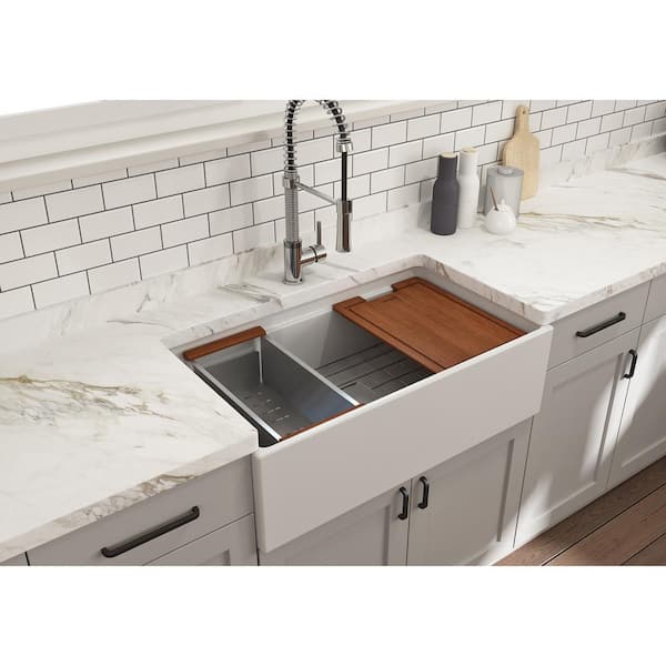 Step-Rim Matte White Fireclay 33 in. Single Bowl Farmhouse Apron Front Workstation Kitchen Sink with Accessories