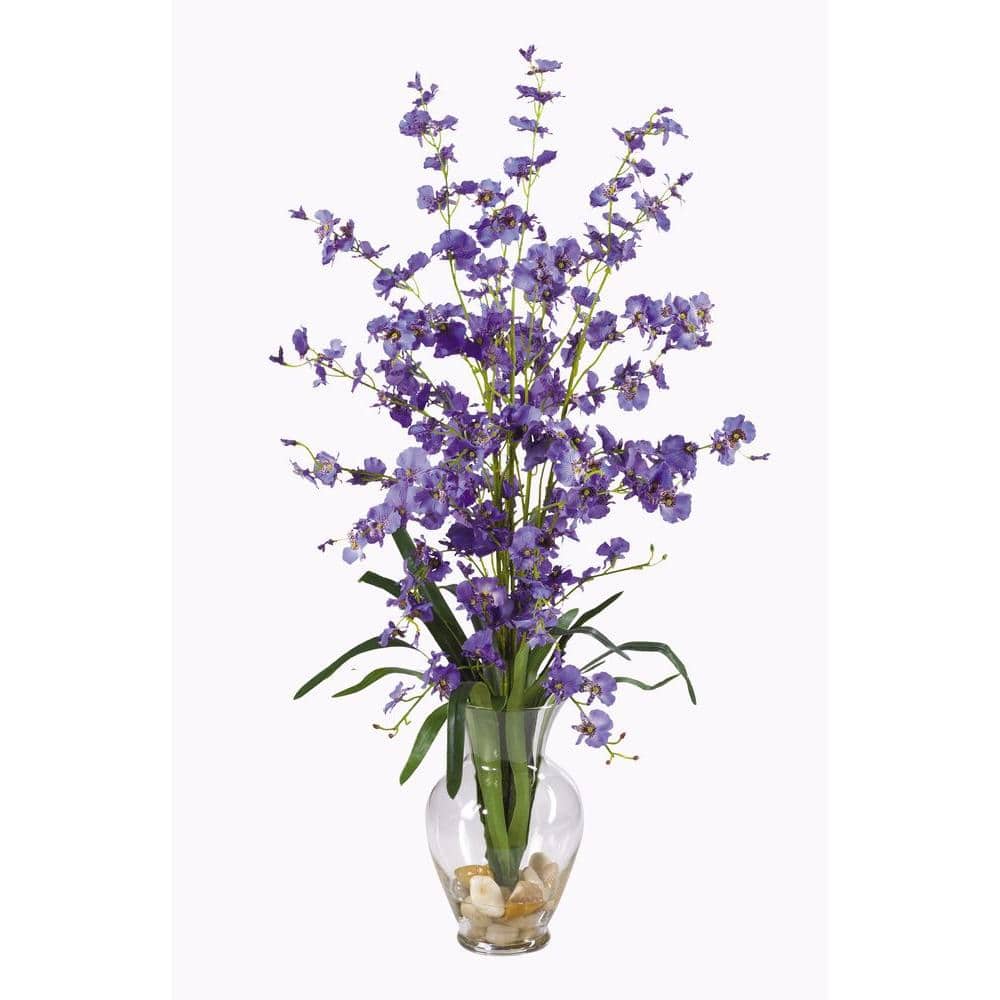 Nearly Natural 31 in. Artificial Dancing Lady Silk Flower Arrangement The multitude of purple blooms in the Nearly Natural 31 in. Dancing Lady Silk Flower Arrangement adds natural elegance to your home or office. Accented with gorgeous green leaves, lifelike water and river rocks, this lovely arrangement features soft silk petals for an authentic look. Its 31 in. height is great for a variety of spaces.