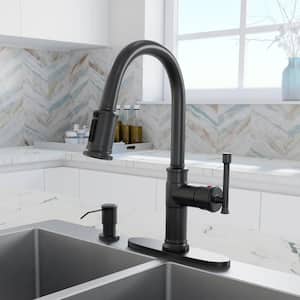 1.8 GPM Single Handle Pull Down Sprayer Kitchen Faucet with Soap Dispenser and Ceramic Cartridge in Matte Black
