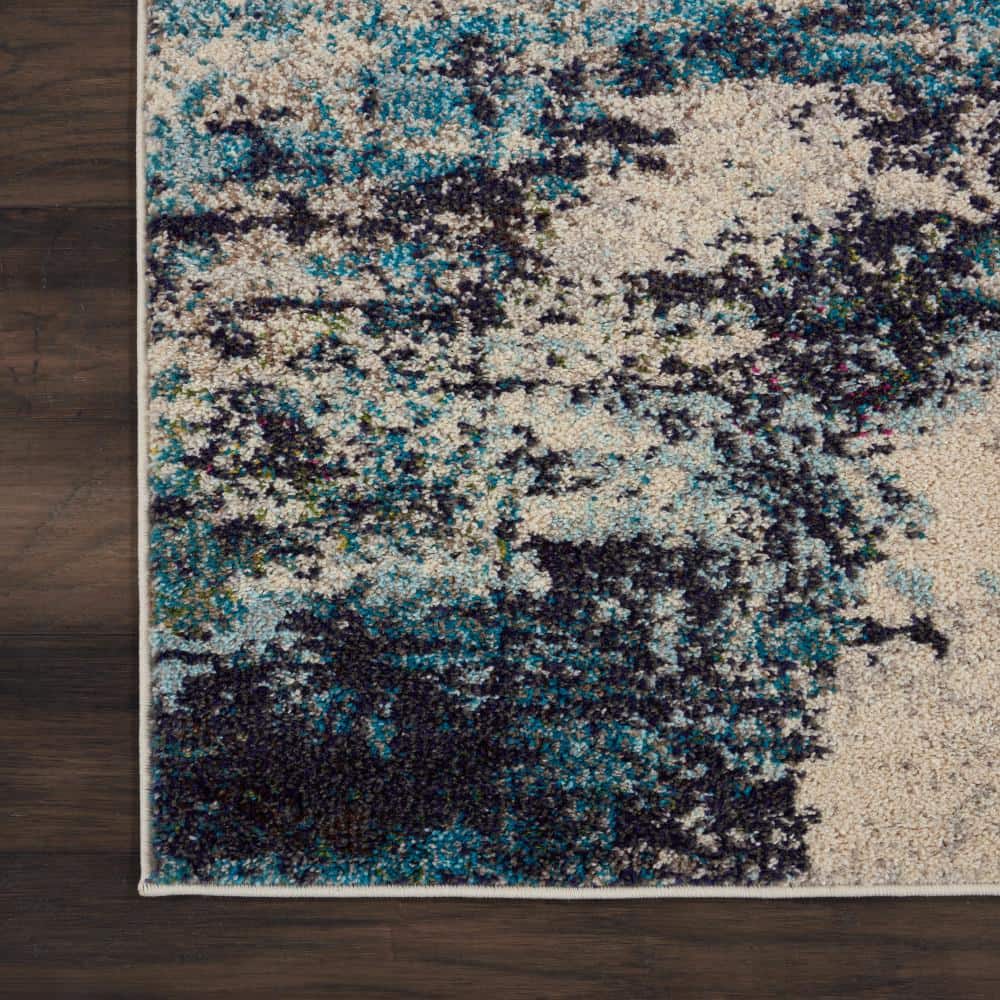 Celestial Swirl 9' x 12' Ivory & Teal Blue Abstract Synthetic Rug