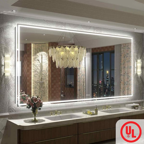 96 in. W x 48 in. H Rectangular Frameless Front and Back LED Lighted Anti-Fog Tempered Glass Wall Bathroom Vanity Mirror