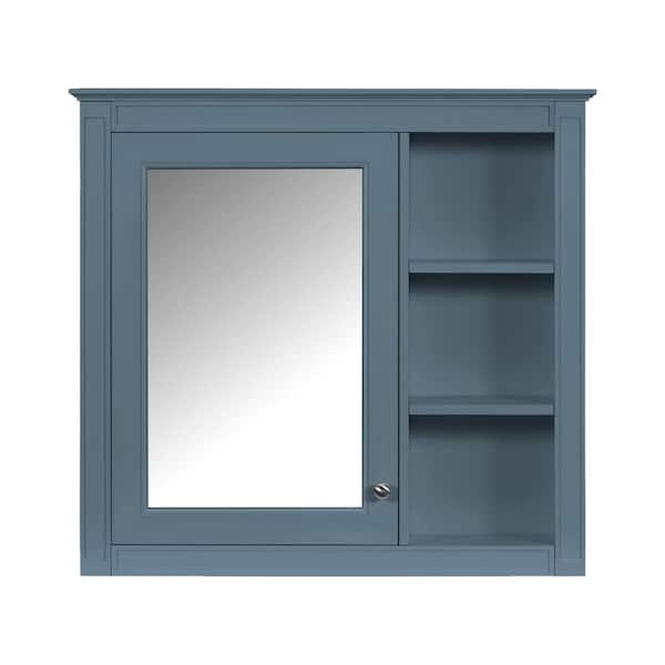 30 in. W x 28 in. H Blue Rectangular Wood Medicine Cabinet with Mirror, 3 Open Shelves