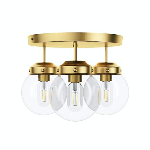 aiwen 14.2 in. 3-Light Gold Semi-Flush Mount Ceiling Light Finish Lighting Fixtures with Clear Glass Shades