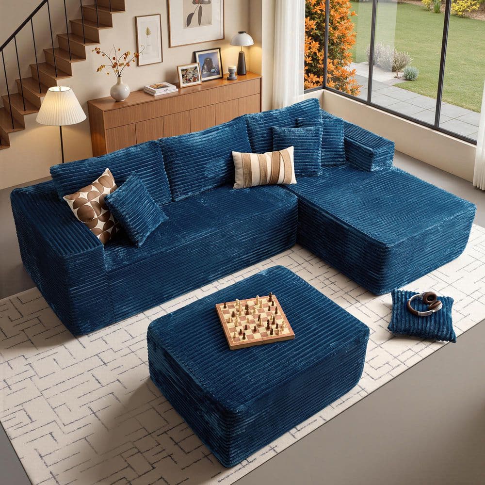 BP 108 in. Arm 2-Piece Plush Corduroy L-Shape Modular Boneless Sectional Sofa in. Blue with Right Chaise and Ottoman