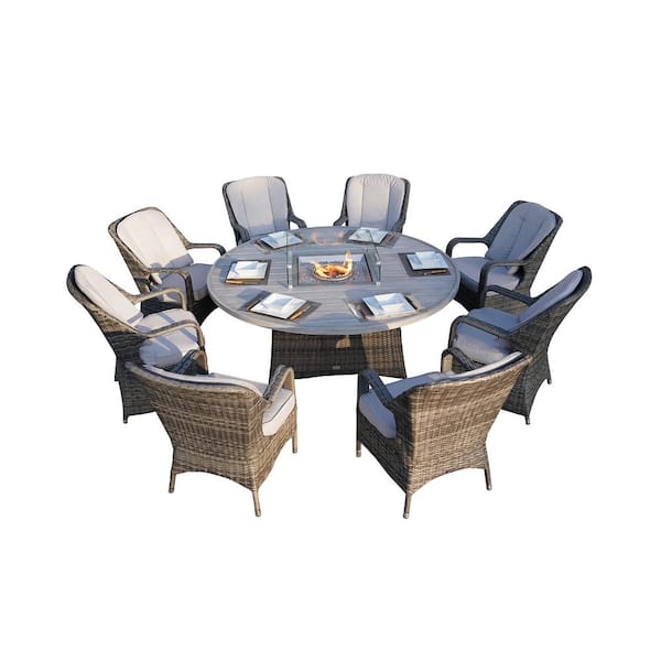 DIRECT WICKER Jessica Gray 9-Piece Wicker Outdoor Fire Pit Set with Round Table and Gray Cushions
