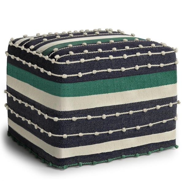 Simpli Home Barker Boho Square Woven Outdoor/ Indoor Pouf in Navy,Teal and White Recycled PET Polyester