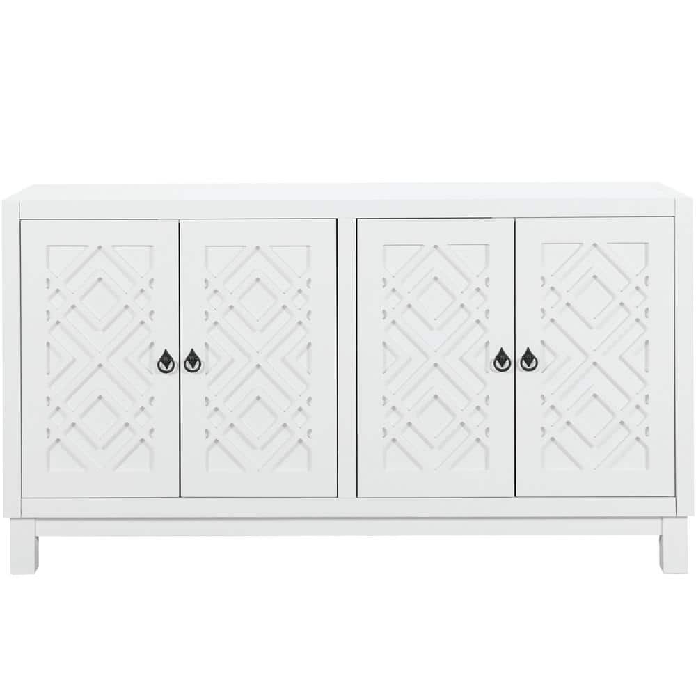 60.00 in. W x 15.70 in. D x 32.00 in. H White Linen Cabinet, 4 Door Buffet 