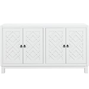 60.00 in. W x 15.70 in. D x 32.00 in. H White Linen Cabinet, 4 Door Buffet Cabinet with Pull Ring Handles