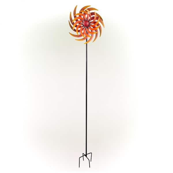 Alpine Corporation 75 in. Tall Outdoor Dual Metal Rustic Garden Kinetic Wind Spinner Stake, Red and Orange