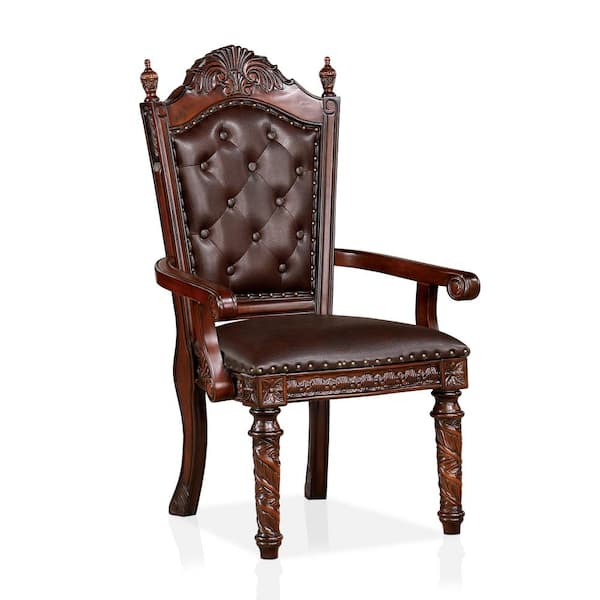 Furniture of America La Salla Traditional Brown Cherry and Dark Brown Faux Leather Button Tufted Arm Chairs (Set of 2)