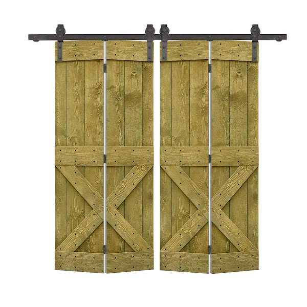 CALHOME 52 in. x 84 in. Mini x Solid Core Jungle Green Stained DIY Wood Double Bi-Fold Barn Doors with Sliding Hardware Kit