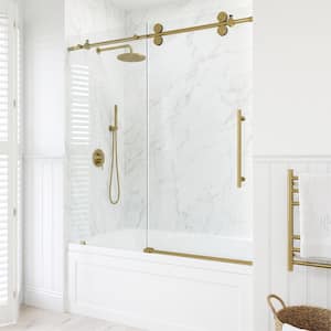 Elan 56 to 60 in. W x 66 in. H Sliding Frameless Tub Door in Matte Brushed Gold with 3/8 in. Clear Tempered Glass