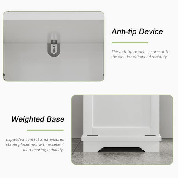 White Accent Cabinet with Tilt-Out Hamper, Hidden Trash Can Storage, Drawer and Side Hooks, Slim 53.3 in. Organizer