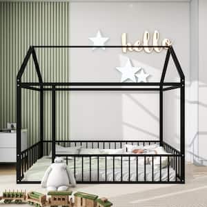 Black Twin Size Metal House Bed Kids Bed with Fence