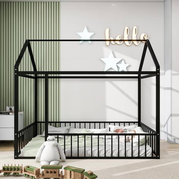 Harper & Bright Designs Black Twin Size Metal House Bed Kids Bed with Fence