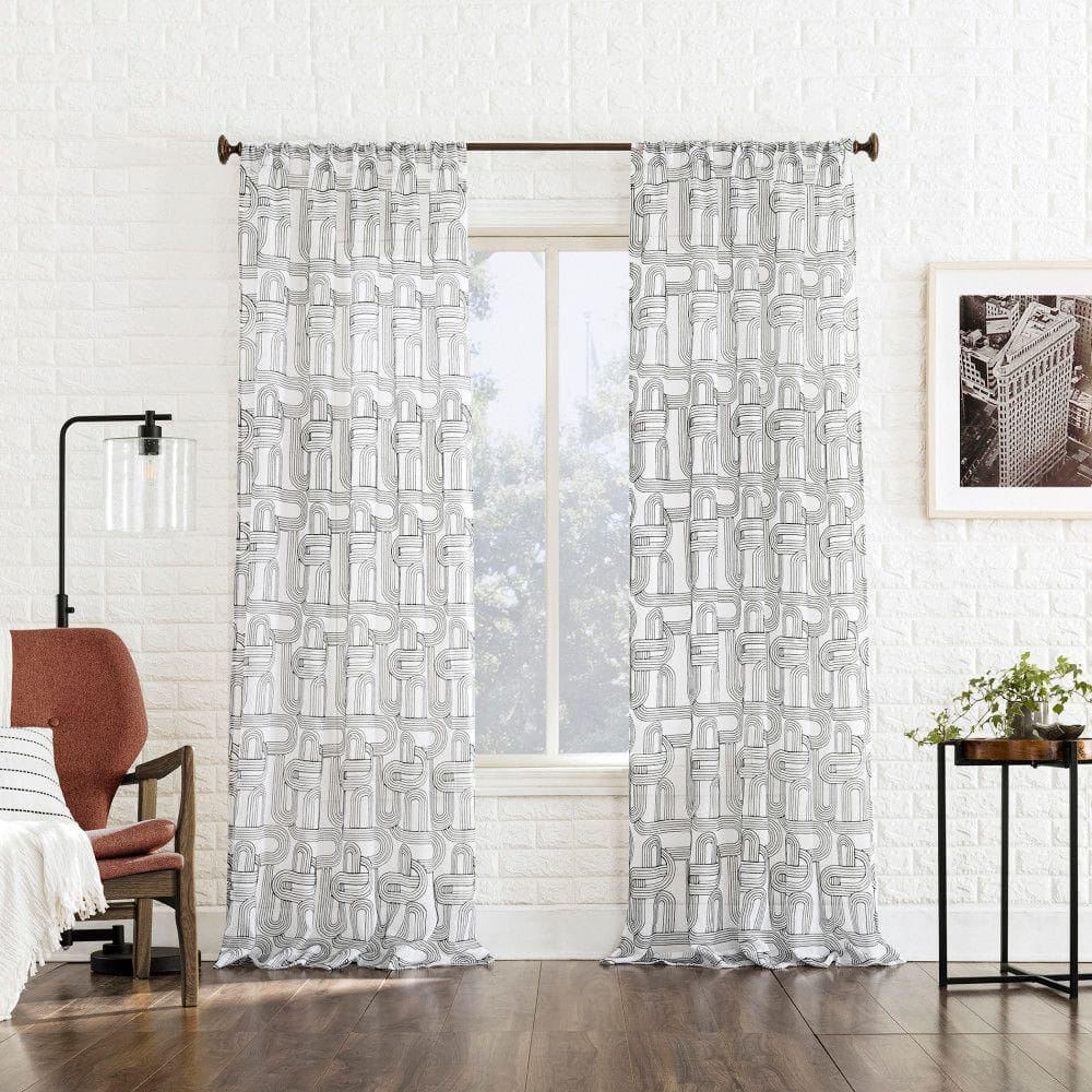 Black and White Sheer Embroidered Rod Pocket Curtain Panel, 50" x 84"