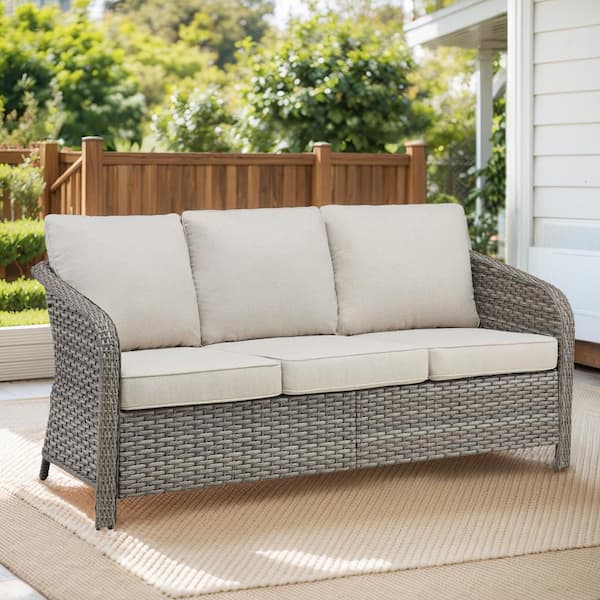 Buenaola Nyajiah 1-Piece Wicker Outdoor Couch with Beige Cushions