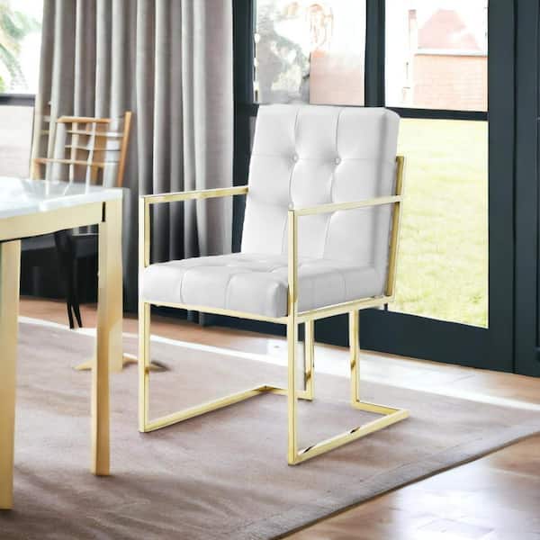 HomeRoots Tufted White And Gold Upholstered Faux Leather Arm Chair (Set Of 2)