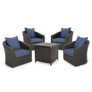 Zahir Mixed Brown 5-Piece 4 Seater Wicker Outdoor Swivel Chair and Fire Pit Set with Navy Blue Cushion