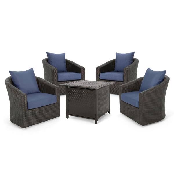 Noble House Zahir Mixed Brown 5-Piece 4 Seater Wicker Outdoor Swivel Chair and Fire Pit Set with Navy Blue Cushion