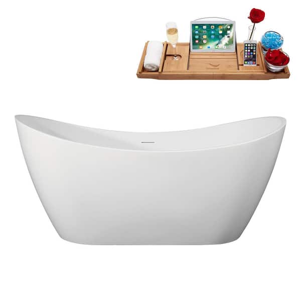 63 in. x 31 in. Acrylic Freestanding Soaking Bathtub in Glossy White With Matte Black Drain, Bamboo Tray