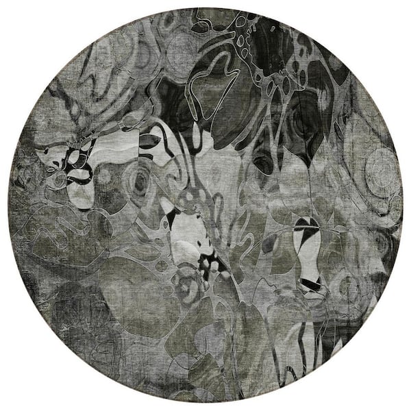 Gray 8 ft. x 8 ft. Woven Abstract Polyester Round Indoor / Outdoor Area Rug