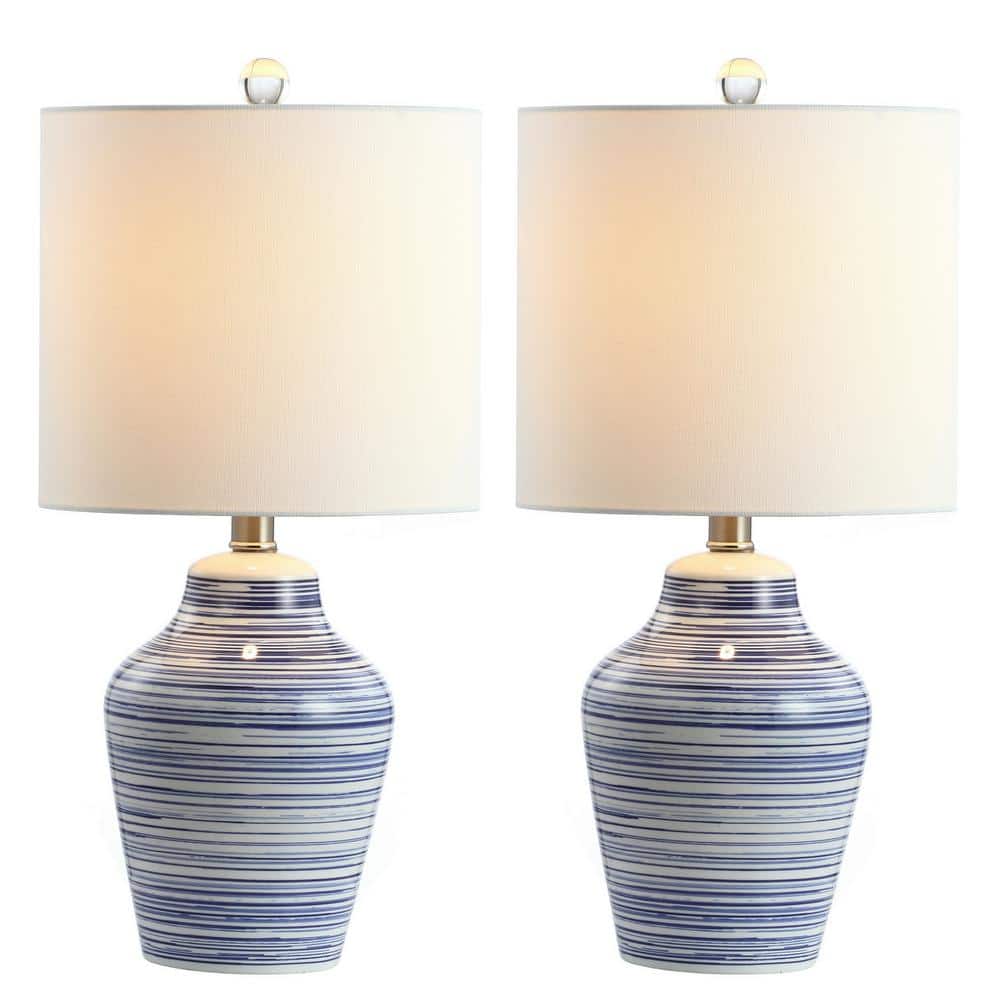 Maxton White and Blue Ceramic Table Lamp Set with Cotton Shade