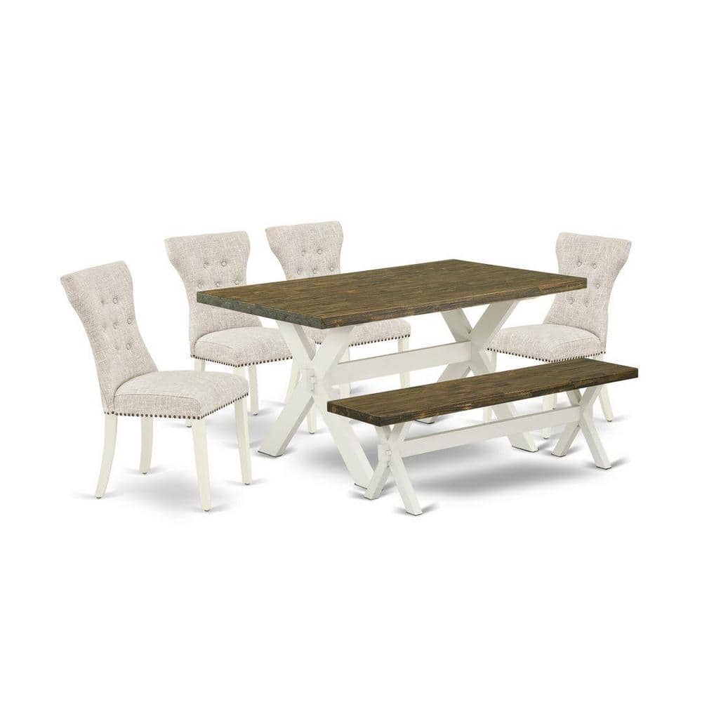 Linen White and Distressed Jacobean 6-Piece Dining Set with Padded Chairs and Bench