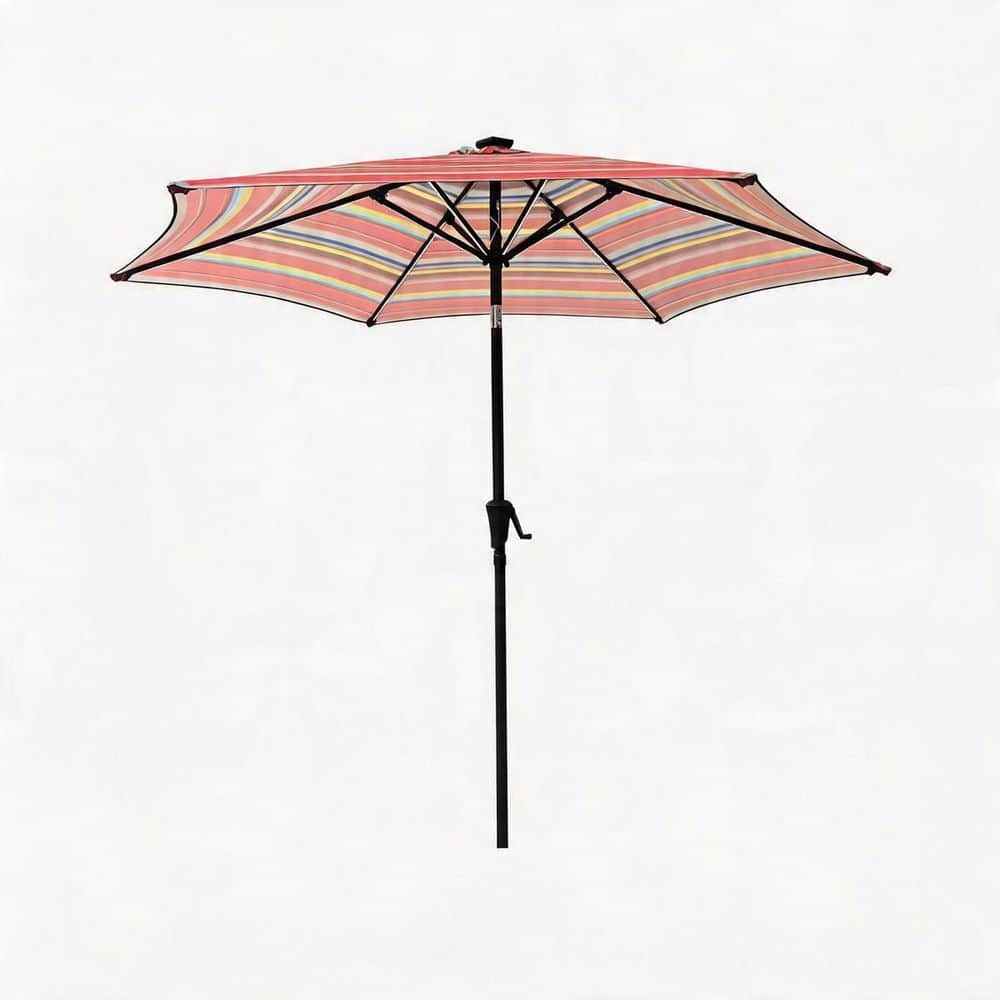 9 ft. Steel Push-Button Tilt Solar LED Lighted Patio Umbrella in Red Stripes Durable Construction price history on PriceWatchPro