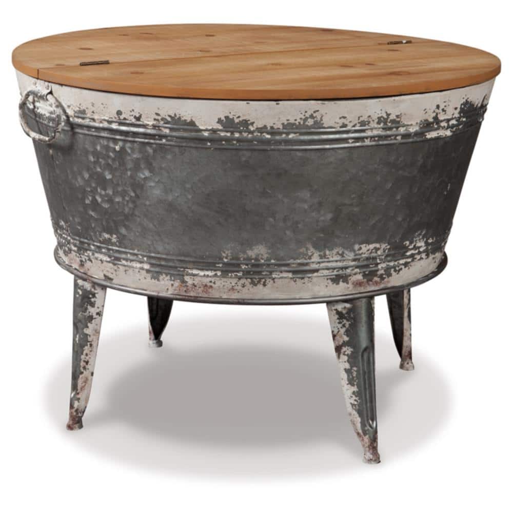 Round Galvanized Metal and Wood Lift-Top Coffee Table with Storage