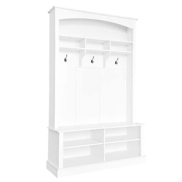 47.2 in. Wide Hall Tree with Bench and Shoe Storage, 3-Hanging Hooks, Rectangle Storage and Shelves Coat Rack, White