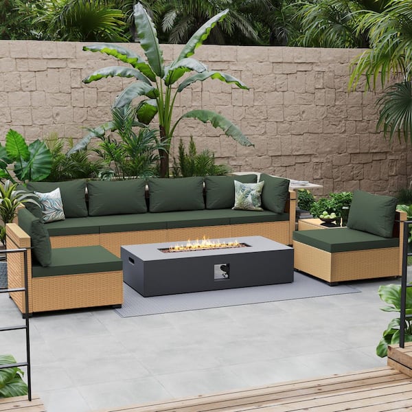 PATIOGUARDER 8-Piece Rattan Patio Conversation Set with Cushions and 56 in. Outdoor Rectangle Fire Pit Table, Pine Green cushions