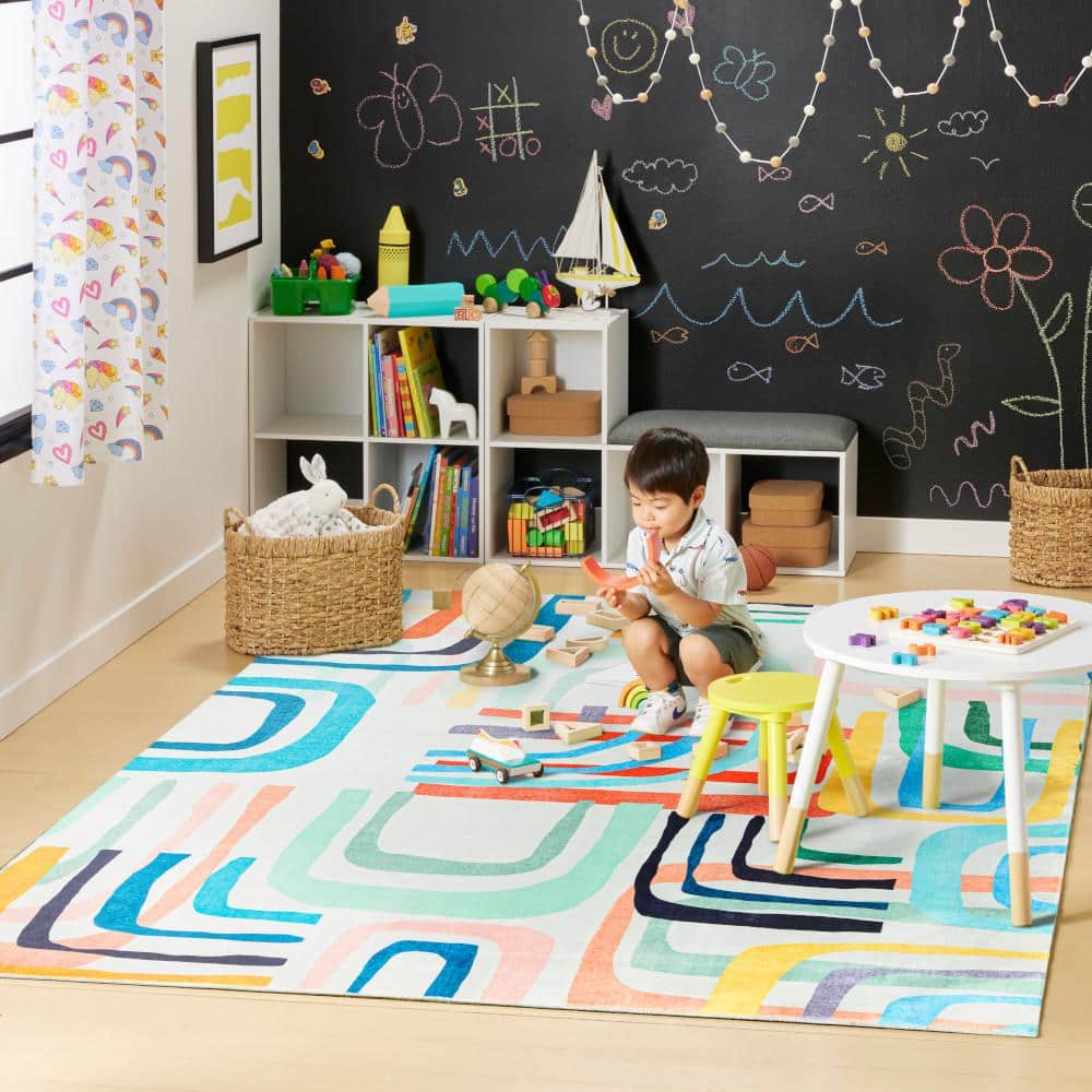 Blue Multicolor Synthetic 5' x 7' Washable Kids Area Rug