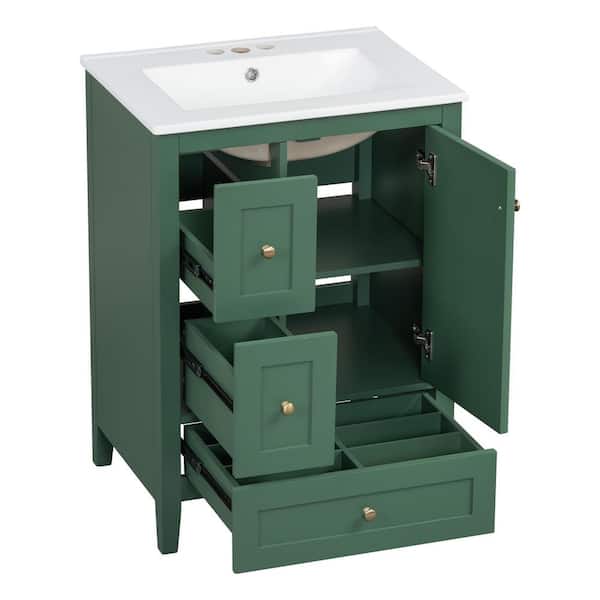 24 in. Single Sink Dark Green Bath Vanity with White Ceramic Top, Drawer, Adjustable Shelf, Unassembled
