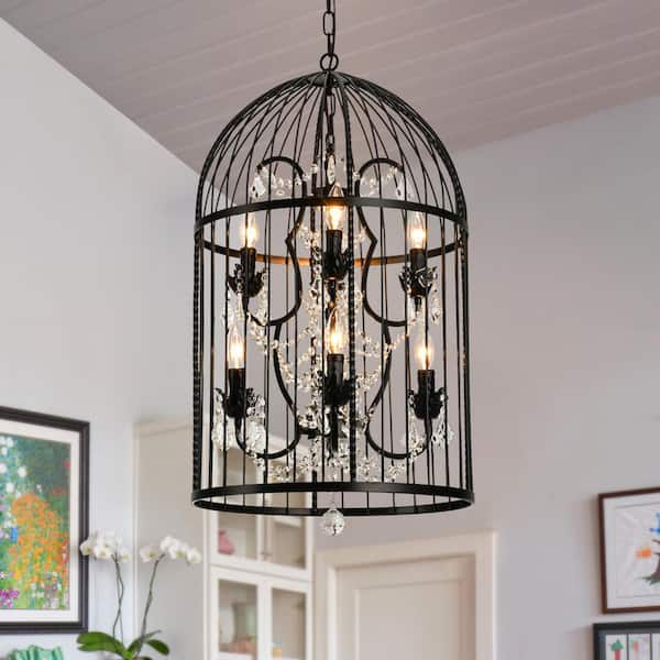 LLHZSY 8-Light 28.4 in. Black Birdcage Pendant Lantern Geometric Chandelier with Crystal Accents