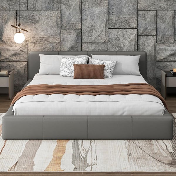 Lume Modern Gray PU Leather Upholstered Wood Frame Queen Size Platform Bed with Headboard