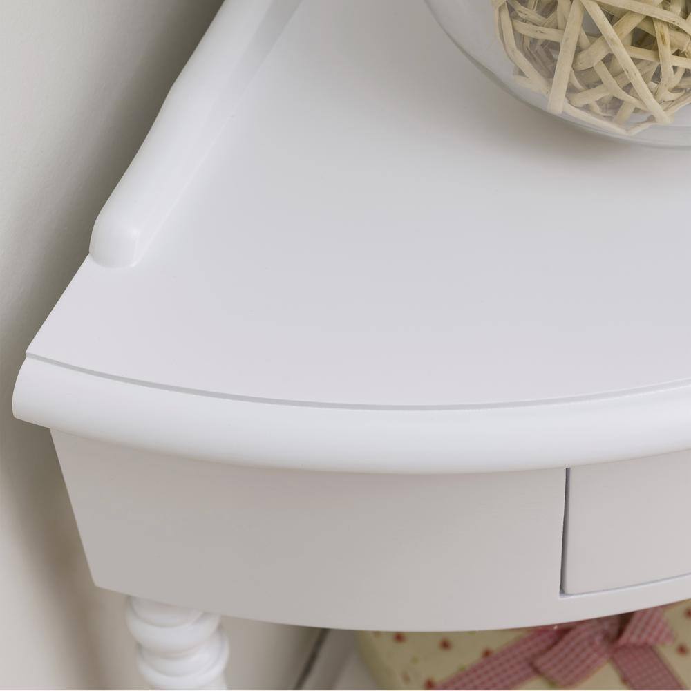 White Triangular Solid Wood Corner Table with Storage Drawer