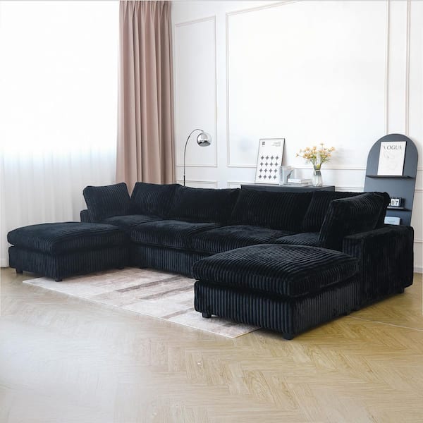 157 in. Square Arm Faux Rabbit Fur Velvet 6-Piece Free Combination Cloud Modular Sectional Sofa with Ottoman in. Black