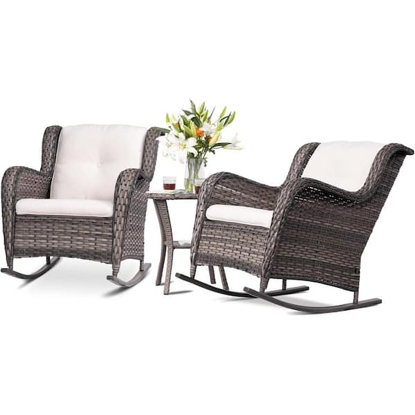 Tenleaf 3-Piece All-Weather Wicker Outdoor Rocking Chair with Beige Cushions