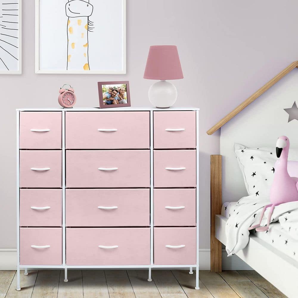 Playful Pink 12-Drawer Nursery Dresser with Easy Levelers
