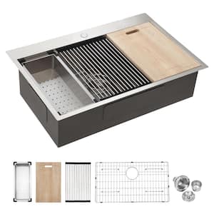 30 in. x 22 in. Drop-in Single Bowl 18 Gauge Brushed Nickel Stainless Steel Kitchen Sink with Bottom Grid and Drain